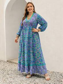 Rusttydustty Đầm maxi dài tay in hoa phong cách Bohemian dành cho nữ cỡ lớn, thích hợp cho tiệc trà và kỳ nghỉ, nhiều màu sắc, cổ chữ V, vạt xếp lớp, dáng suông thanh lịch. - Màu xanh lam - Xem 2
