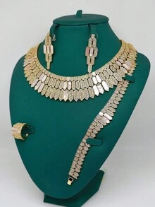 4 piezas Juego de joyería de lujo: Collar de perla de concha de cobre con circonita artificial, Aretes, Anillo, Pulsera, Juego de joyería nupcial de circonita cúbica, Regalo elegante para el Día de San Valentín