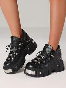 Women's Goth Platform Punk Ankle Boots Metal Deco Rivet Lace-Up Round Toe High Heel Sneakers Thick Soft Sole Bottom Street Rock Booties - 黑色 - 查看 5