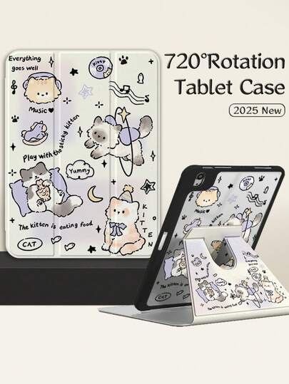 1 件装，双面高清印花枕头耳机小猫图案平板电脑保护套，兼容 iPad 10/9/11 2025，透明亚克力后盖，2026 新款，自动唤醒/睡眠，多角度支撑带笔槽，办公学习必备，非磁性保护套，2026 新年礼物。