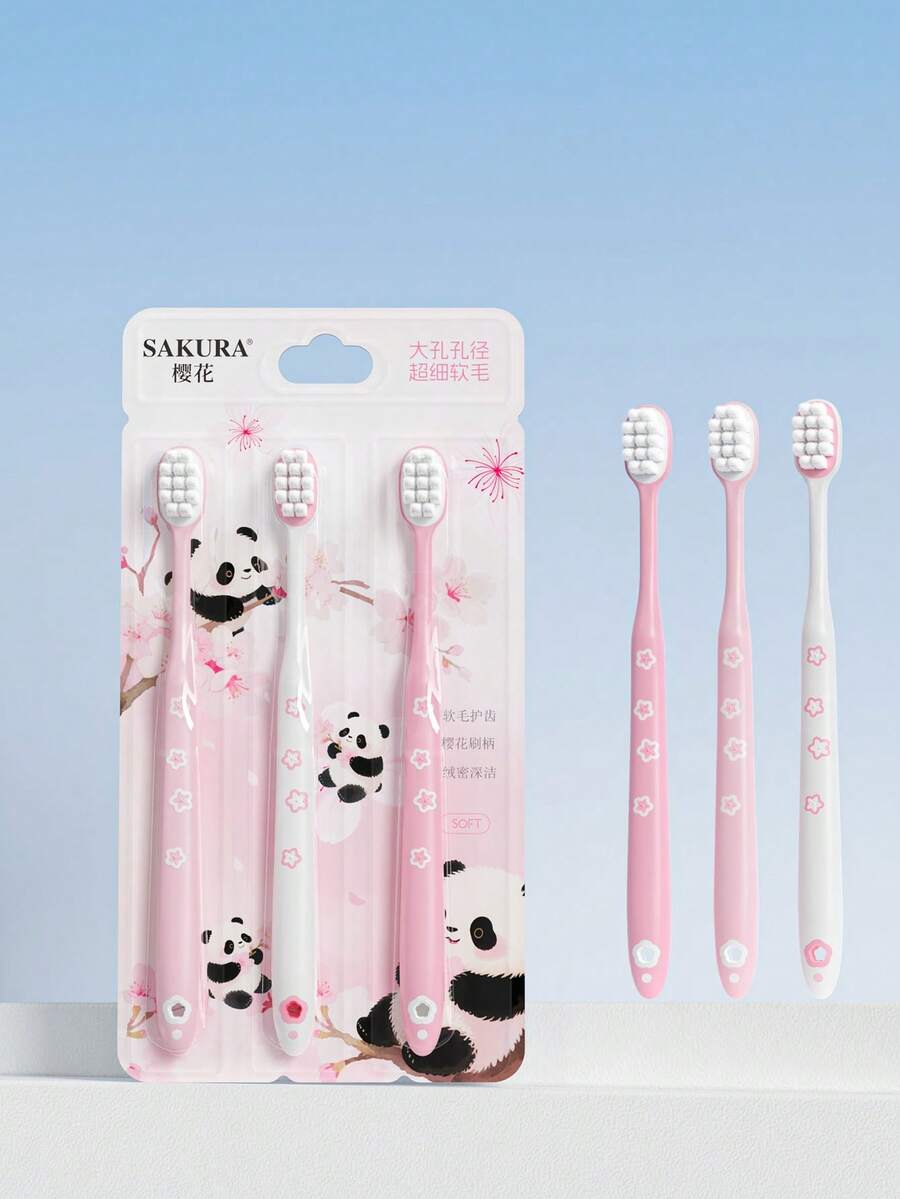 3支装软毛渐变粉色熊猫图案牙刷，家庭装、成人装、情侣装、旅行装 - 粉色 - 查看 1