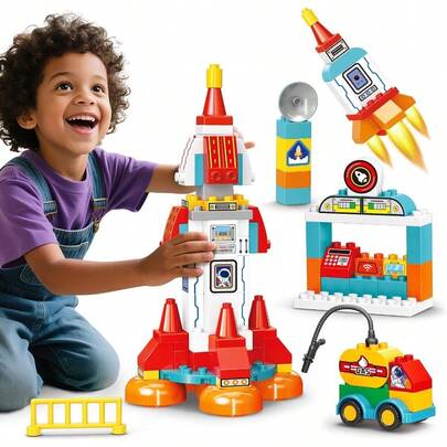 Building Blocks For Toddlers 1-3-5 131 Pcs Space Rocket STEM DIY Big Classic Building Bricks Toys Set For Ages 2-4-5-8 Compatible With All Major Brands Spaceship Gift Toy For 3-5 Boys GirlsAn Excellent Tool For Introducing Space Science