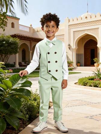 3 件套儿童表演服装套装，男童正装，花童服装，适合婚礼、宴会、英伦风格（背心 + 裤子 + 领结）