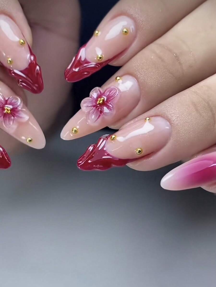 3D Manucure française faite à la main, Nail Art floral 3D, Faux-ongles en forme d'amande longue, Fournitures pour ongles pour femmes - Rose vif - Voir 1