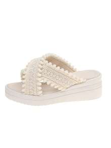1 Pair Beige Platform Slip-On Textured Strap Chunky Sole Fashion Beach/Summer Girls Sandals - Beige - View 7