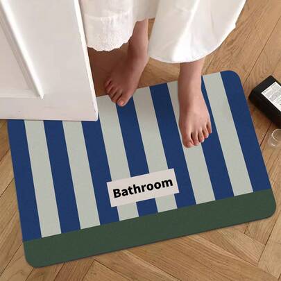 1pc Blue & Green Striped Print Anti-Slip Bath Mat, Rectangular Rubber Bathroom Mat, Quick Drying Non-Slip Floor Mat, Suitable For Bathroom, Kitchen, Entryway, Home Decor