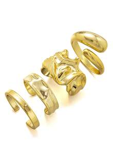4pcs Fashionable Geometric Pleated Wide Acrylic Bangle Bracelets Set, Versatile Daily Wear For Women - Gold - View 4