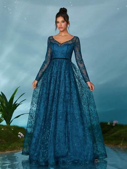Mgiacy Peacock Blue Floral Lace V-Neck Long Sleeve A-Line Tulle Maxi Dress, Elegant Women's Summer Wedding, Ball, Evening, Party And Holiday Outfit