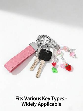 Pink Plaid Keychain With Strawberry Tassel Pendant, Cute And Eye-Catching Key Holder & Decoration