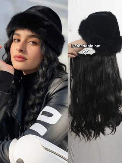 26 Inch Synthetic Hat Wig, Black Plush Hat Wig, Hat-Style Hair Extensions With Long Wavy Curls, Includes Synthetic Hair Pieces, Suitable For Women And Girls For Winter Wear, A Basic Warm Option For Autumn And Winter, And Skiing. - Brown, Black