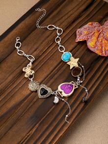 1 pieza Collar con múltiples elementos de estilo Y2K con dijes de reloj/corazón/estrella/mariposa de imitación, collar con dijes de moda para mujeres, regalo ideal para el Día de San Valentín (Diseño de reloj de imitación, significado: Congela el tiempo en el momento talla grande hermoso, deja los recuerdos talla grande dulces) - Corazón morado - Ver 5