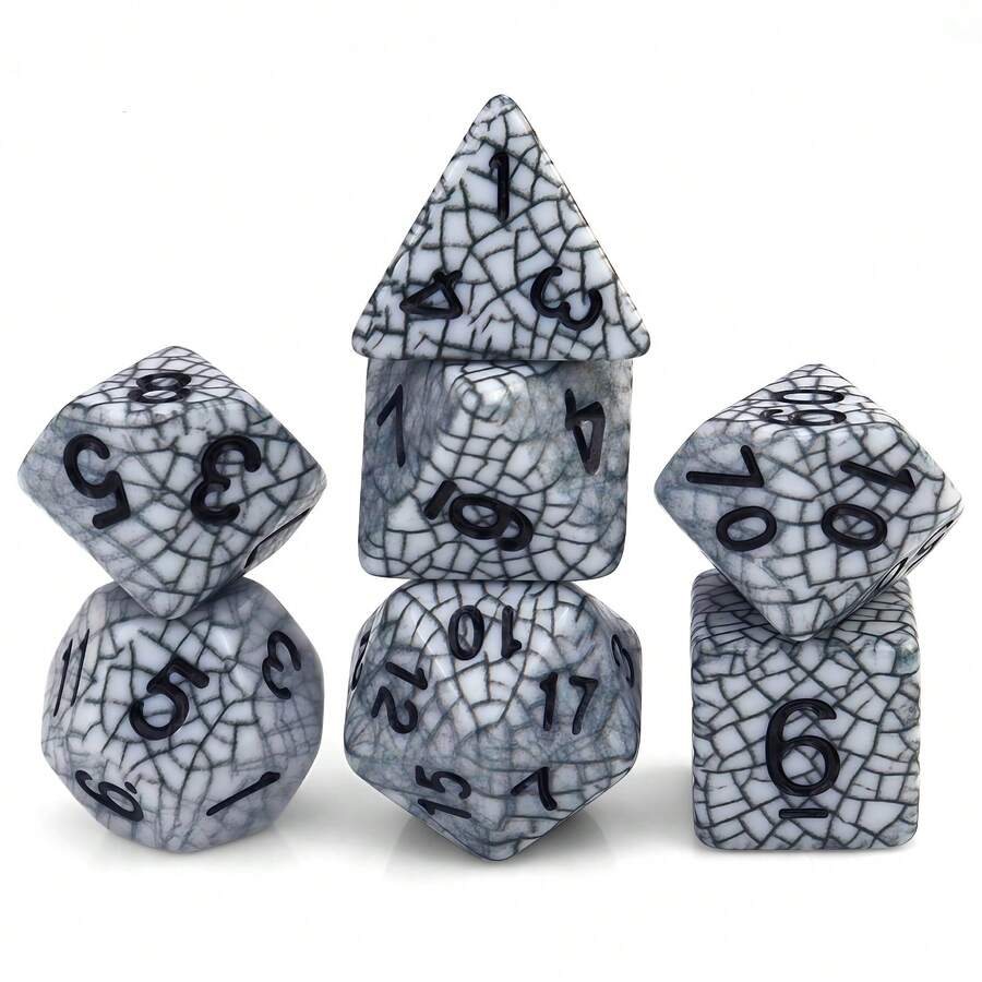 Bộ 7 xúc xắc đa mặt bằng acrylic (thiết kế sọc đen) - Cạnh trơn, phụ kiện trò chơi nhập vai, thiết kế đẹp mắt, nâng cao trải nghiệm chơi game.