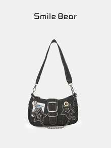 Nueva interpretación de diseño pequeño de bolso de estrella y media luna. Moda de tela con textura de cadena. Destacado para llevar debajo del brazo o en la mano. Uso dual, apto para múltiples escenas. Estilo dulce y moderno, todo a juego. Ligero y se ajusta bien al rostro. Práctico. - Negro - Ver 3