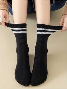 6双装三色黑、白、灰条纹中筒袜，男女通用，休闲运动长袜，适合搭配内衣裤，女性可外穿，学生运动长袜，条纹中筒袜（1/5/6双装） - 彩色 - 查看 2