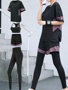 Conjunto minimalista feminino para fitness com 4 peças: Top esportivo para yoga, camiseta folgada para corrida, legging justa, shorts casuais para ciclismo, roupa para academia. - Roxa - Ver 7