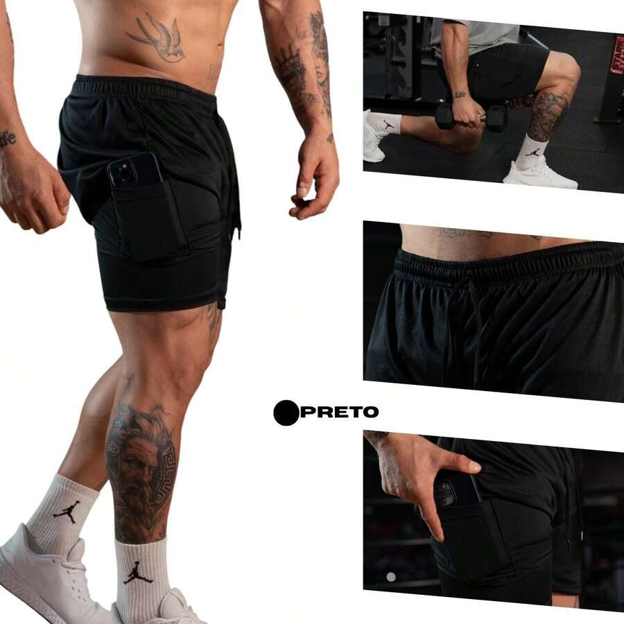 Imported Men's 2-In-1 Compression Shorts – Sportswear, Gym, Running, Fitness, Quick-Drying, High Performance - màu đen - Xem 1
