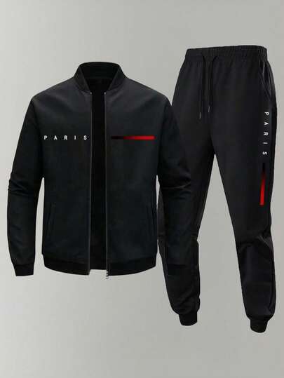 男士休闲户外运动徒步简约时尚外套和裤子套装，秋冬季