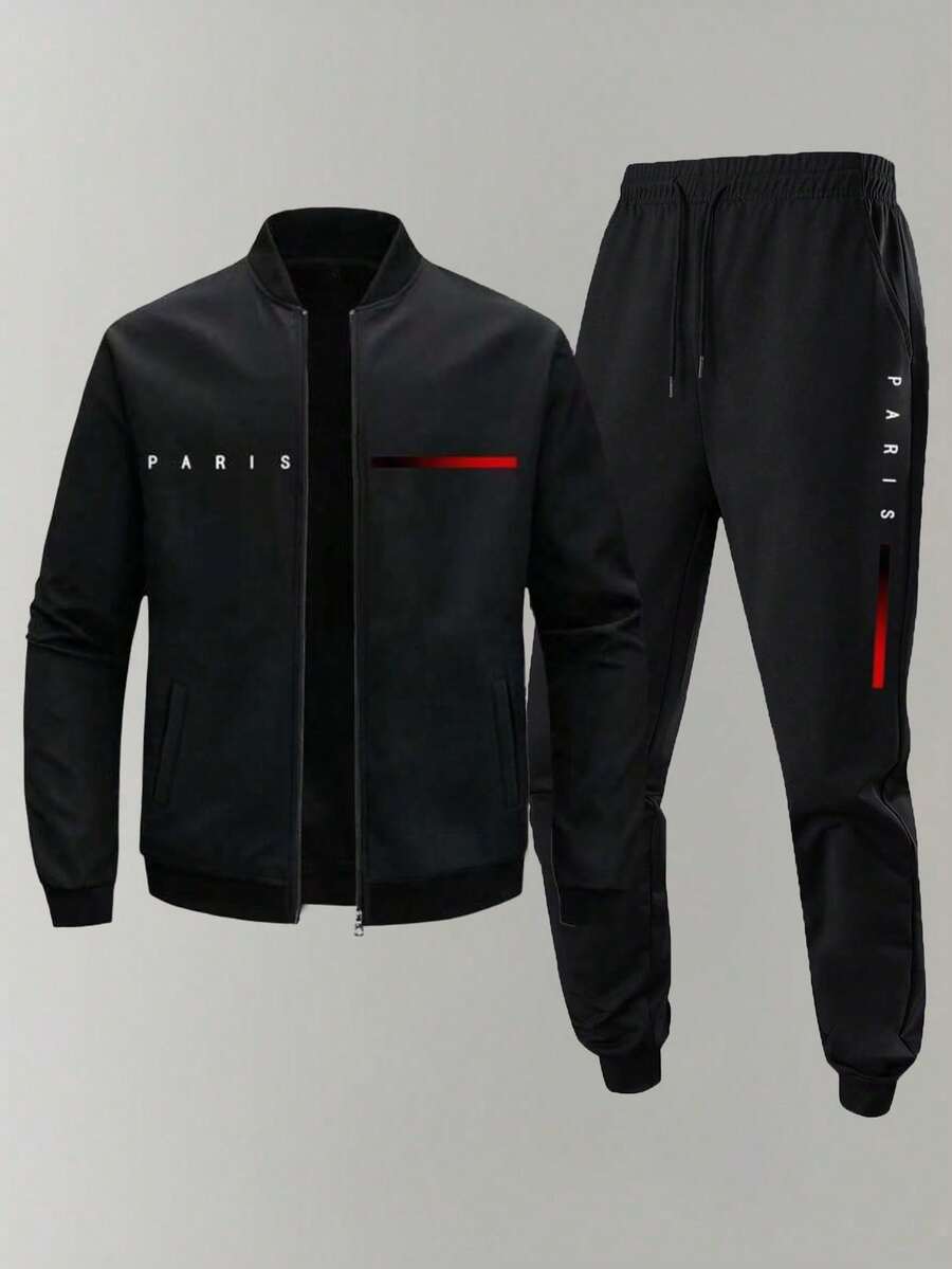 Ensemble veste et pantalon de sport de plein air décontracté pour hommes, style simple, automne/hiver - Noir - Voir 1