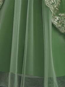 Lace Long Sleeve Embroidered Mesh Elegant Day Party Dress For Young Girls, Suitable For Birthday Party, Excluding Headband - Green - View 9