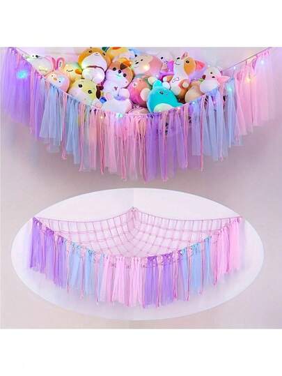 1 pieza Hamaca de red colgante para almacenar muñecos de felpa, decoración grande de hamaca para el hogar, sala de estar, dormitorio, regalo de decoración lindo y divertido, 100 X 100 X 150 Cm, hamaca triangular hecha a mano a ganchillo (sin luces incluidas)