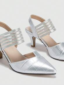 Zapatos de tacón alto tipo stiletto para mujer con punta puntiaguda, diseño asimétrico, banda elástica y relieve, para fiestas y reuniones, primavera/verano - Plateado - Ver 4