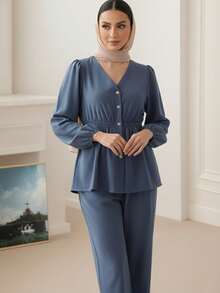Women's Casual V-Neck Long Sleeve Belted Button-Up Shirt And Straight Leg Pants Set - Blue - View 2