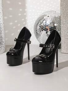 女士高跟时尚浅口鞋，圆头搭扣装饰，16厘米超高跟，夜店鞋，尺码35-42 - 黑色 - 查看 5