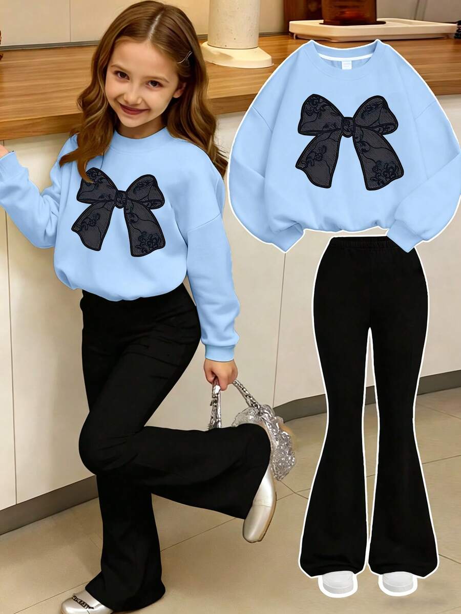 2pcs/Set Girls Bow Print Crew Neck Sweatshirt And Pants, New Fashionable Casual Travel Outfit - Baby Blue - View 1