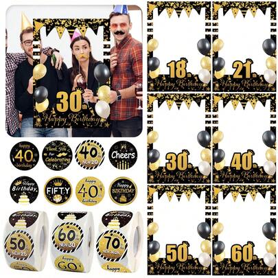 1件/1套黑色金色生日快乐贴纸相框拍照道具，适用于18 21 30 40 50 60岁生日派对DIY拍照装饰用品
