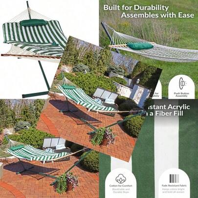 Large Rope Hammock With Steel Stand And Pad/Pillow - Green Stripe By Sunnydaze