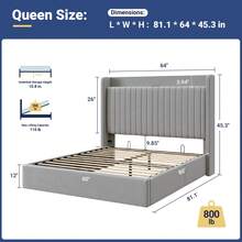 Allewie Full/Quenn/King Size Upholstered Bed Frame With Charging Station & Storage Headboard, Soft Velvet Wingback Platform Bed, Strong Wooden Slats Support, No Box Spring Needed, Easy Assembly, Grey - 查看 9