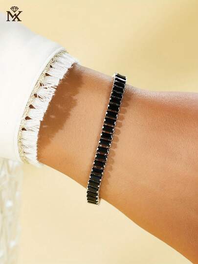 SYMFNY 1条925纯银闪亮黑色方形立方氧化锆网球链手链