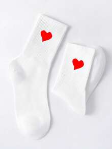 1/2 Pair Couple Crew Socks, White Heart Design, Minimalist Fashion Versatile Cute Soft Comfortable Moisture-Wicking, Suitable For Valentine's Day, Mother's Day - Multicolor - View 3