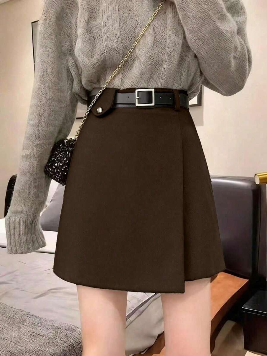Falda midi de lana de corte asimétrico y cintura alta con diseño de línea A, para primavera - Café integral - Ver 1