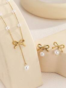 1 Set Elegant Stainless Steel Pearl Pendant Necklace & Earrings Set For Women, Cute Fashion Bowknot Pendant Jeweley Set For Women, Hypoallergenic Jewelry Gift For Wmen Daily Wear - Gold - View 2
