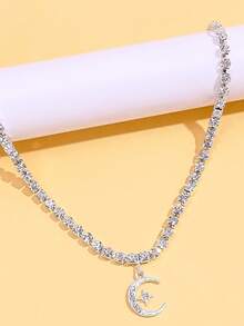 Rhinestone Moon Charm Anklet - Silver - View 3