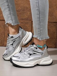 女士户外休闲运动鞋 厚底厚底运动鞋 2025新款网面透气系带简约时尚跑步鞋 平底户外滑板鞋 - 銀色 - 查看 8