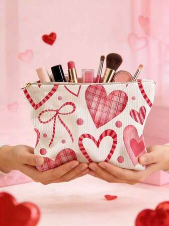 1 pieza Bolsa de cosméticos con cremallera en forma de corazón asimétrica de pana, ligera y conveniente, adecuada como regalo del Día de San Valentín para la novia o la mejor amiga