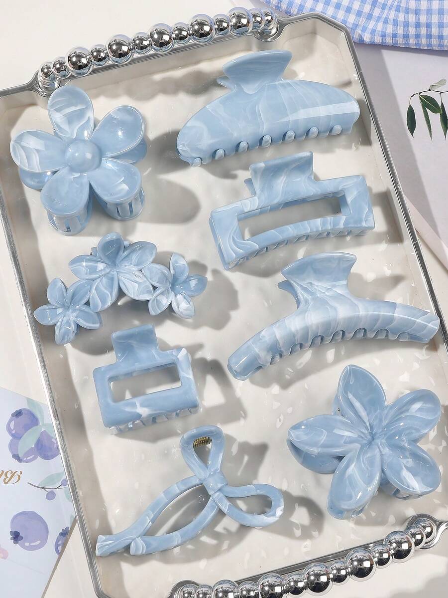 8pcs/Set ABS Marble Texture Blue-Gray Daisy Flower,Semi-Circle,Bow-Knot,Square Hair Clips,Assorted Sizes