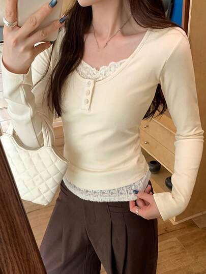 Early Spring Korean Style Lace Patchwork Button Contrast Color 2 In 1 Base Layer T-Shirt Top