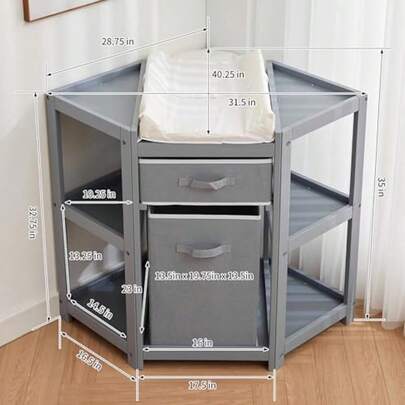 Cambiador de esquina para bebé con cajón de almacenamiento, cambiador con cambiador, cesto para ropa, organizador moderno de madera para bebés y niños pequeños.