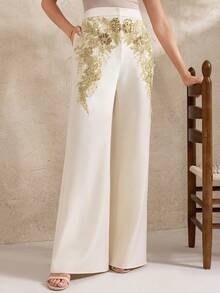 A&A Elegant 3D Flower Sequin Embroidery Pants, Old Money Style, Court Style, Modest, Business Casual Woman