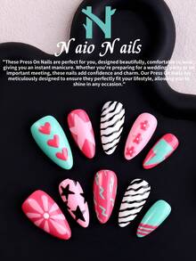 NAIO 10片/包。手工制作的Y2K风格美甲贴纸，颜色包括马卡龙色、斑马纹法式美甲、心形、花朵、星星、闪电和柠檬图案。包含美甲工具（1张果冻贴纸+1个指甲锉）。适合女性和女孩参加派对、婚礼、日常佩戴，包含美甲工具，是送给女士的绝佳礼物。美甲用品，按压式美甲贴片。 - 彩色 - 查看 3