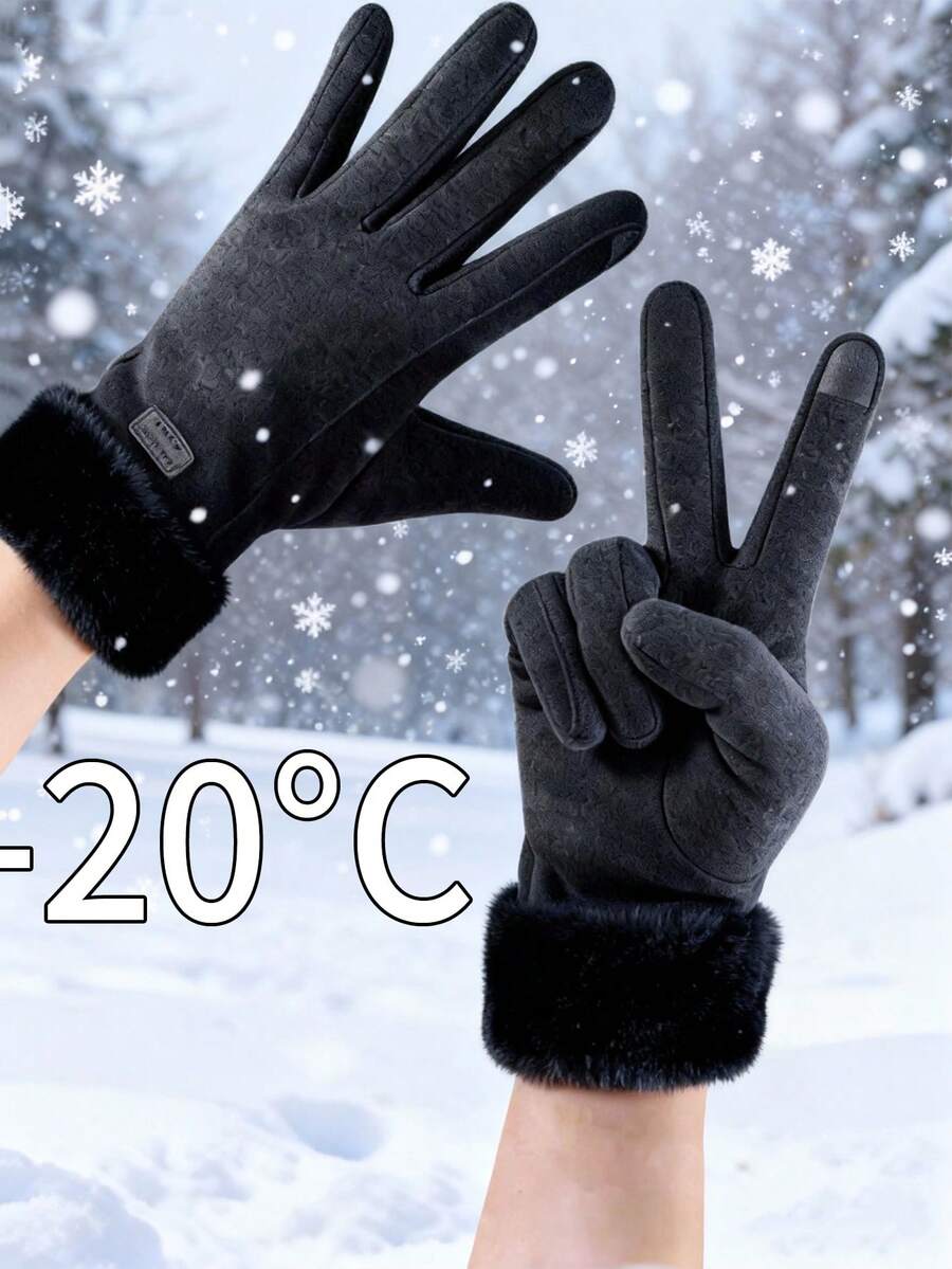 1pair Women's Windproof Warm Gloves For Autumn And Winter, Touchscreen Padded Thickened Gloves, Cute Student Gloves, Suitable For Riding, Car Driving, Sports & Daily Wear, Warm & Cozy - 黑色 - 查看 1