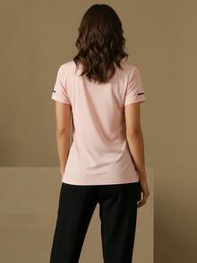 2pcs Women's Activewear Set, Mesh Panel Short Sleeve Tee & Drawstring Joggers With Zipper Pockets, Running Suit - Pink - View 2