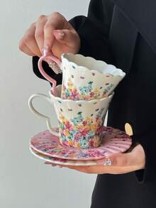 1pc Floral Design Coffee Cup & Saucer Set, High-Quality Ceramic Mug, Breakfast/Milk Cup, Birthday/Housewarming Gift For Her - Multicolor - View 8