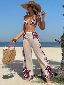 Bộ bikini 3 món dành cho nữ, kiểu buộc dây cổ sau, kèm quần lưới in họa tiết, phong cách Bohemian với họa tiết hoa. - Nhiều màu - Xem 2