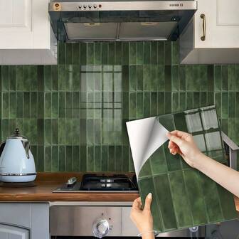 Green Brick Pattern Faux Ceramic Tile Self-Adhesive Wall Sticker, Peel And Stick Wallpaper, Waterproof, Suitable For Living Room, Kitchen Backsplash, Bathroom, Home Decor, Zellige Style