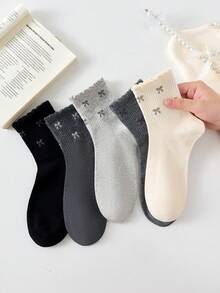 4 đôi tất ngắn nữ xinh xắn có nơ, màu trắng và đen, tất dài đến bắp chân thoải mái, kiểu dáng học sinh, màu ngẫu nhiên, phù hợp cho mặc hàng ngày và đi chơi, mọi mùa. - Xem 5