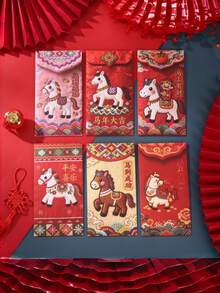 24pcs/12pcs/6pcs/1pc Year Of The Horse Red Envelope, Chinese New Year Auspicious Horse Red Envelope - 6 Unique Gold Foil Designs, Festive Paper Bag For Celebrations, Ideal Gift And Festival Occasion, Festive Gift Bag | Decorative Envelope | Paper Envelope, Lunar New Year, Wedding, Birthday, 2026 Chinese New Year Red Envelope